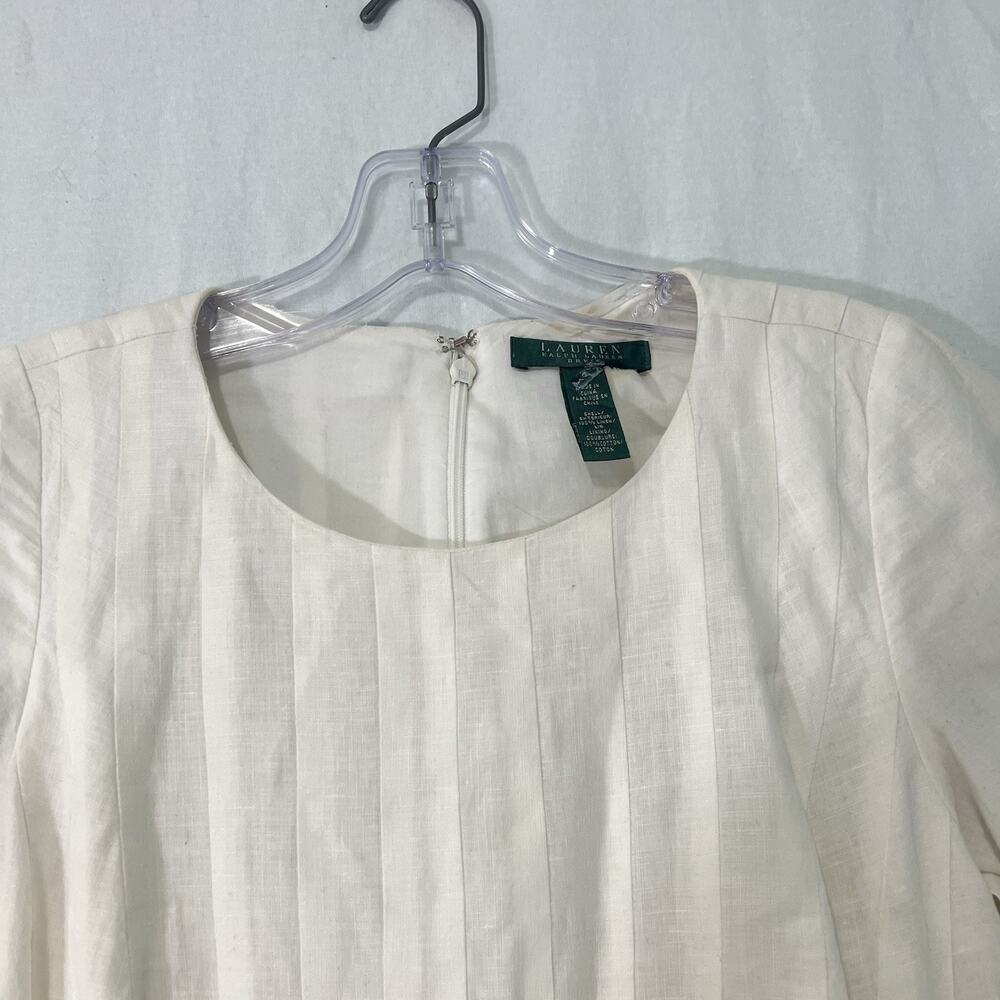 Lauren Ralph Lauren 100% Linen Dress Women 6 Ivory Fit Flare Pintuck Lace Lined - Picture 2 of 15